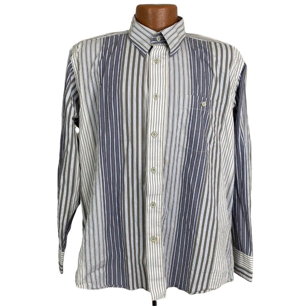 Cotton Reel Shirt Mens Large Button Front Thin Stripped Blue Brown White